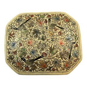 Vintage Hand-Painted Papier-Mâché Box Birds & Floral Persian Kashmiri Folk Art